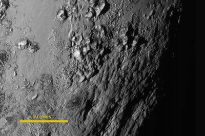 July 15, 2015
From Mountains to Moons: Multiple Discoveries from NASA's New Horizons Pluto Mission

Pluto: The Ice Plot Thickens

Icy mountains on Pluto and a new, crisp view of its largest moon, Charon, are among the several discoveries announced Wednesday by the NASA's New Horizons team, just one day after the spacecraft's first ever Pluto flyby.

Pluto New Horizons is a true mission of exploration showing us why basic scientific research is so important, said John Grunsfeld, associate administrator for NASA's Science Mission Directorate in Washington. The mission has had nine years to build expectations about what we would see during closest approach to Pluto and Charon. Today, we get the first sampling of the scientific treasure collected during those critical moments, and I can tell you it dramatically surpasses those high expectations.

Home run! said Alan Stern, principal investigator for New Horizons at the Southwest Research Institute (SwRI) in Boulder, Colorado. New Horizons is returning amazing results already. The data look absolutely gorgeous, and Pluto and Charon are just mind blowing.

A new close-up image of an equatorial region near the base of Pluto's bright heart-shaped feature shows a mountain range with peaks jutting as high as 11,000 feet (3,500 meters) above the surface of the icy body.

The mountains on Pluto likely formed no more than 100 million years ago -- mere youngsters in a 4.56-billion-year-old solar system. This suggests the close-up region, which covers about one percent of Pluto's surface, may still be geologically active today.

This is one of the youngest surfaces we've ever seen in the solar system, said Jeff Moore of the New Horizons Geology, Geophysics and Imaging Team (GGI) at NASA's Ames Research Center in Moffett Field, California.

Unlike the icy moons of giant planets, Pluto cannot be heated by gravitational interactions with a much larger planetary body. Some other process must be generating the mountainous landscape.

This may cause us to rethink what powers geological activity on many other icy worlds, says GGI deputy team leader John Spencer, SwRI.

The new view of Charon reveals a youthful and varied terrain. Scientists are surprised by the apparent lack of craters. A swath of cliffs and troughs stretching about 600 miles (1,000 kilometers) suggests widespread fracturing of Charon's crust, likely the result of internal geological processes. The image also shows a canyon estimated to be 4 to 6 miles (7 to 9 kilometers) deep. In Charon's north polar region, the dark surface markings have a diffuse boundary, suggesting a thin deposit or stain on the surface.

Charon's Surprising Youthful and Varied Terrain

Hydra Emerges from the Shadows

New Horizons also observed the smaller members of the Pluto system, which includes four other moons: Nix, Hydra, Styx and Kerberos. A new sneak-peak image of Hydra is the first to reveal its apparent irregular shape and its size, estimated to be about 27 by 20 miles (43 by 33 kilometers).

The observations also indicate Hydra's surface is probably coated with water ice. Future images will reveal more clues about the formation of this and the other moon billions of years ago. Spectroscopic data from New Horizons' Ralph instruments reveal an abundance of methane ice, but with striking differences among regions across the frozen surface of Pluto.
Credit: NASA/JHUAPL/SWRI
